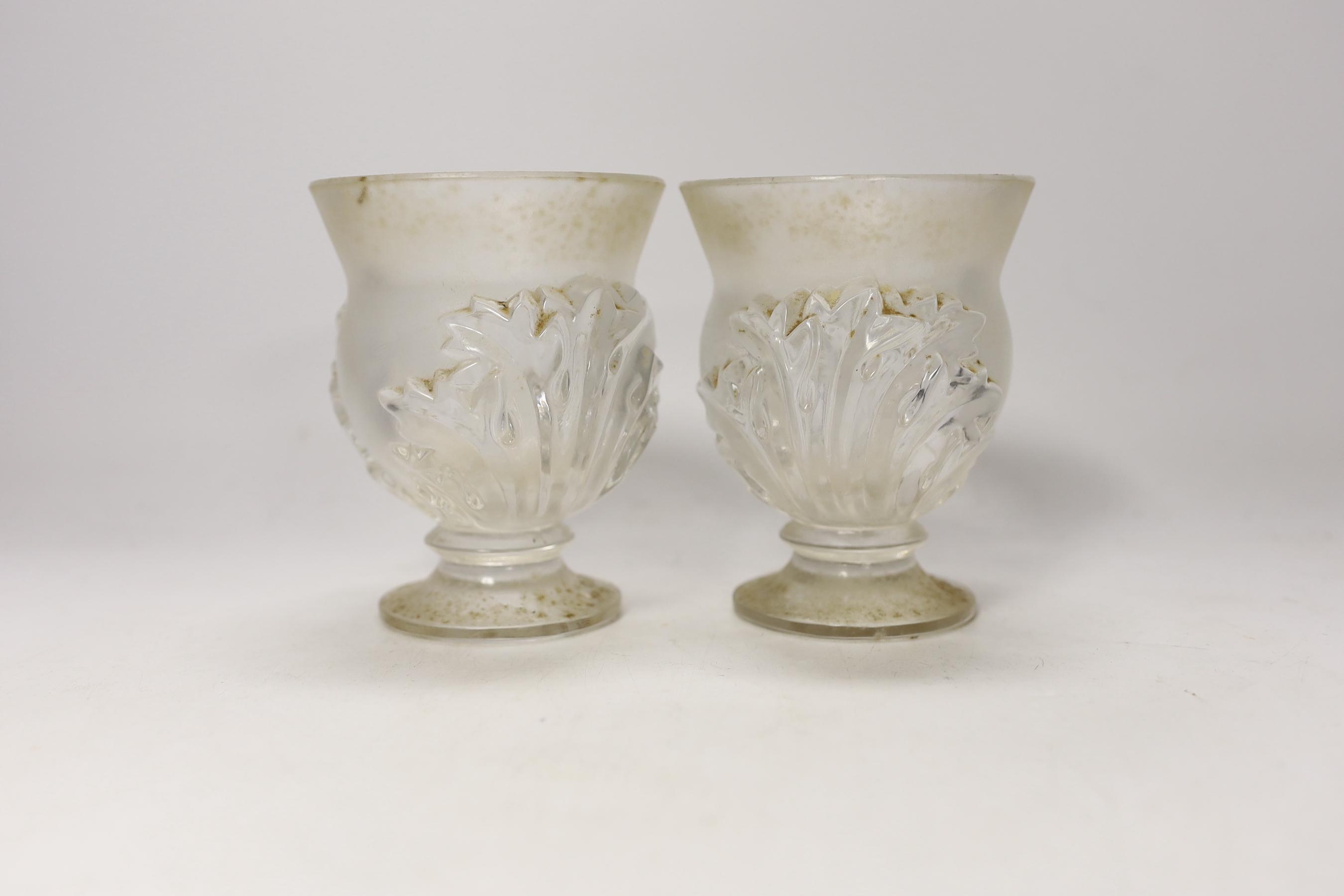 A pair of Lalique glass vases decorated in the St Cloud Acanthaceae pattern, etched mark, 12cm